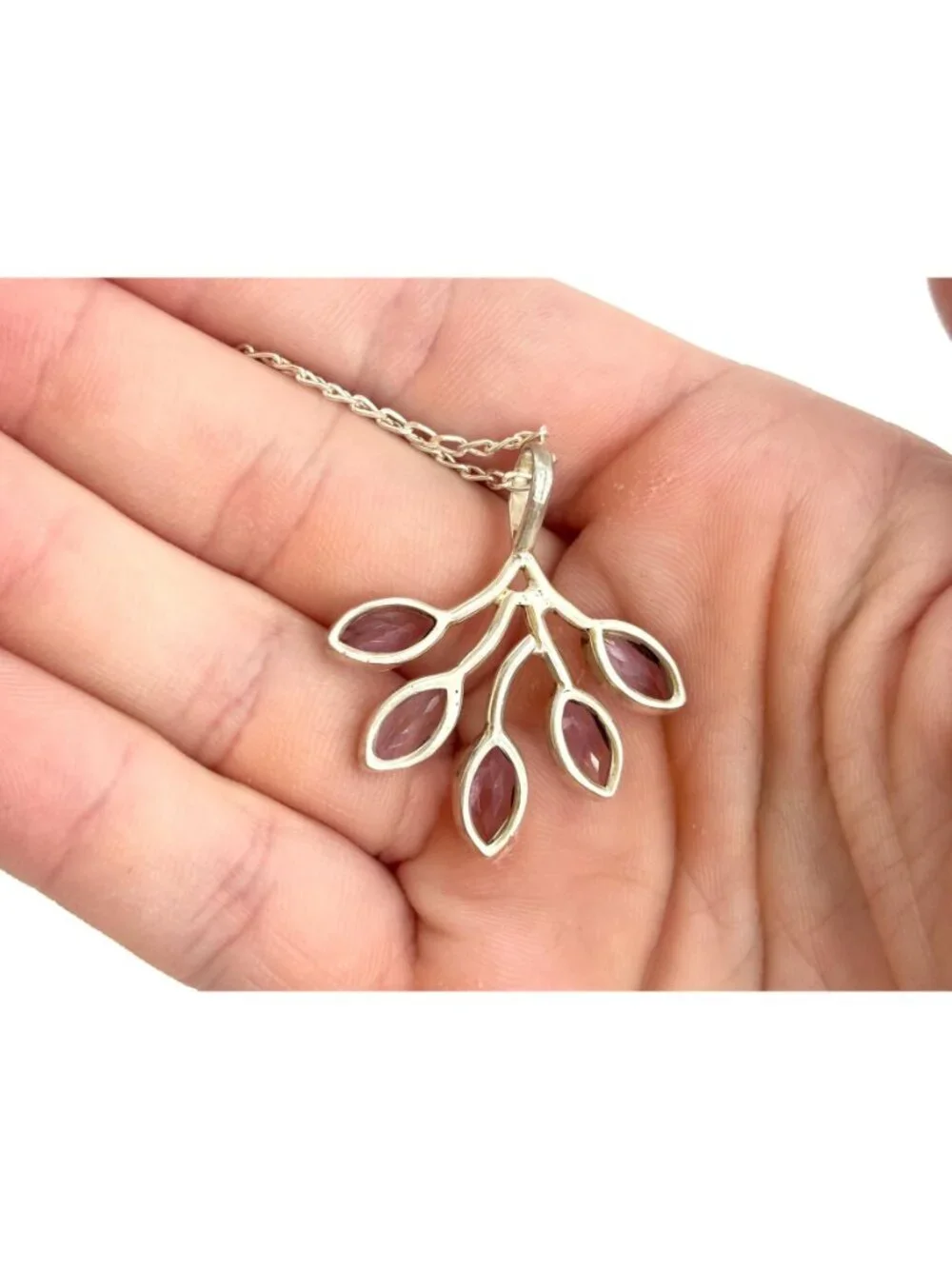 Amethyst Branched Leaves Sterling Silver 925 Vintage Pendant Necklace - 18